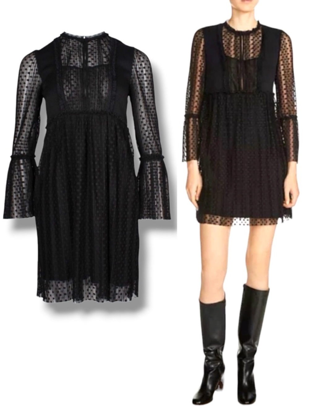 NWT MAJE Rezane Swiss Dot Dress Black Size 2